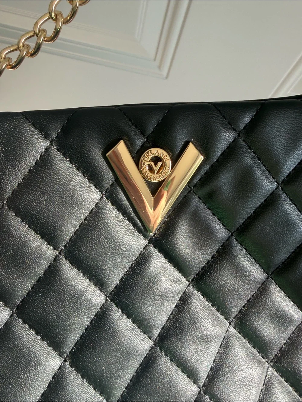 Valentino Orlandi Black Quilted Crossbody with Gold Chain